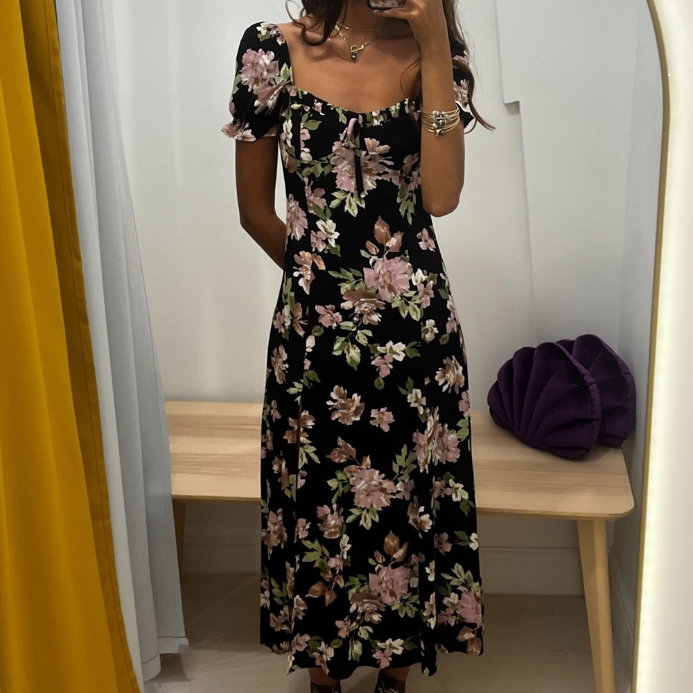Floral Black Midi Pre-Fall Dress Small